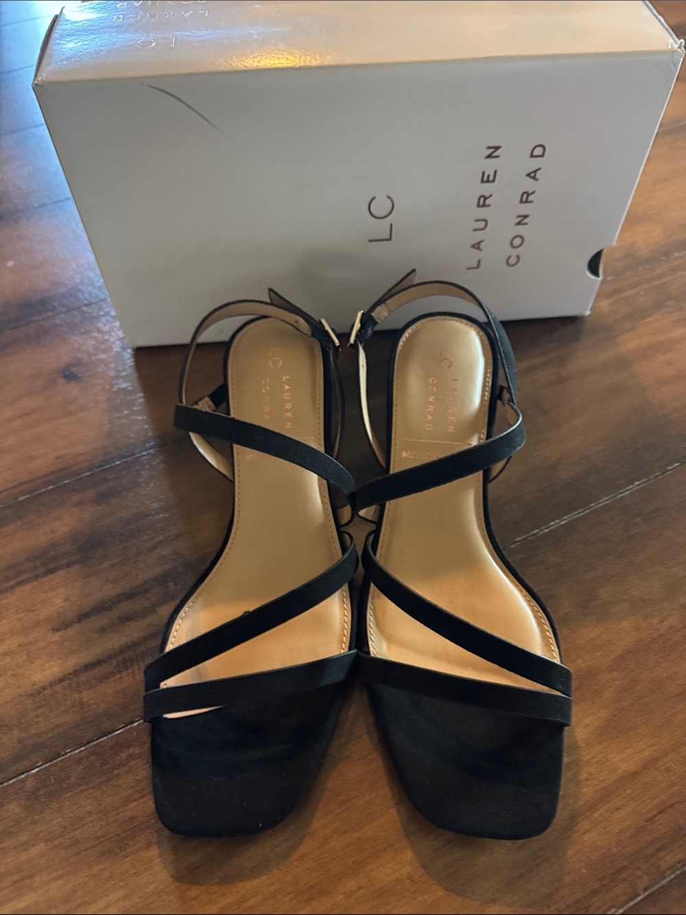 LC Lauren Conrad Black Strappy Square-Toe Slingback Sandals